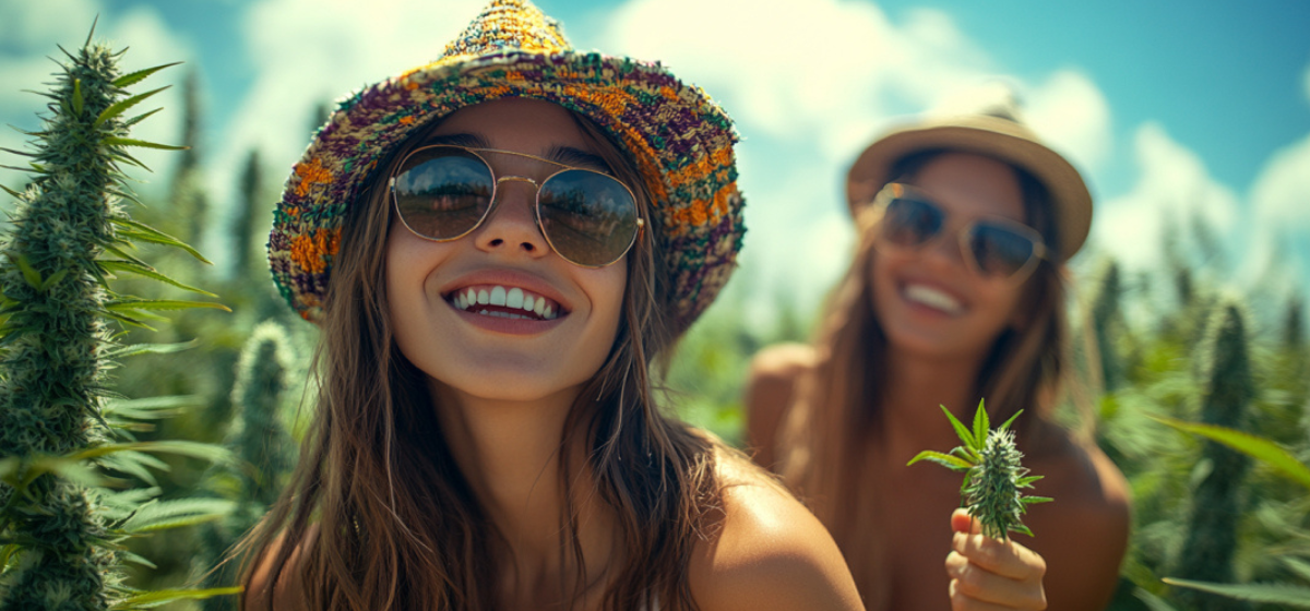 Amies dans un champ de chanvre sativa
